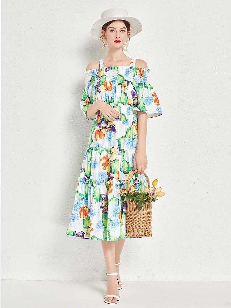 

Summer Runway Boho Spaghetti Strap Dress Women's Slash Neck Flare Sleeve Green Floral Print Elastic Waist Holiday Dress N471