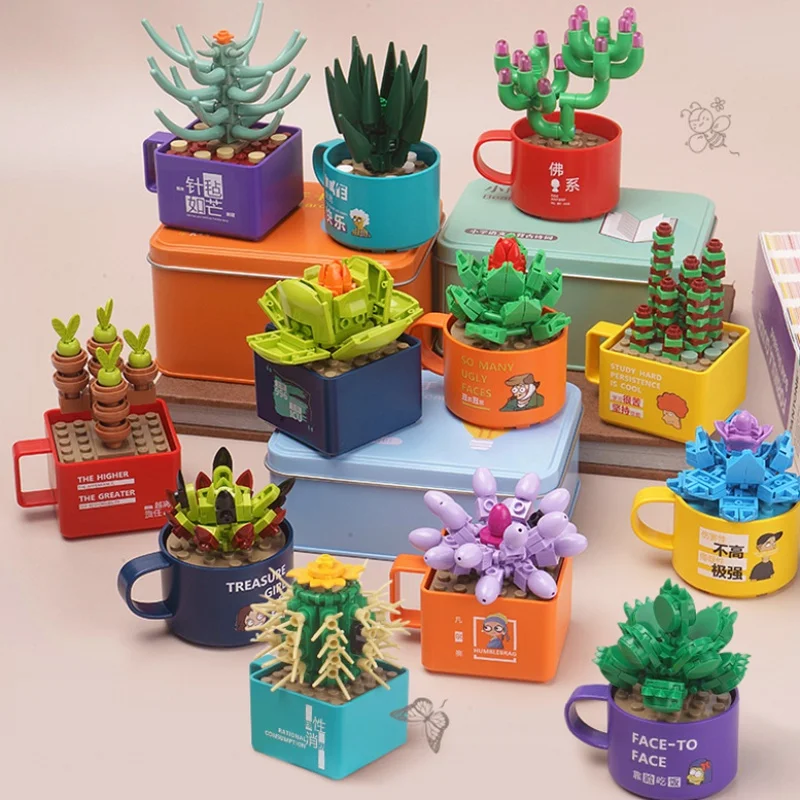 

uilding Blocks Succulent Cup Potted Plant Preserved Fresh Flower Small Particle Assembly Toy Desktop Decoration Girl Gift Blocks