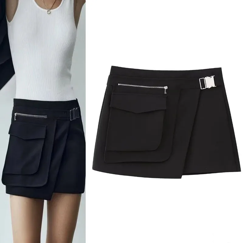 

TRAF Black Skirts For Woman 2023 Vintage Asymmetric Pocket Mini Skirt Female Mid Rise Pareo Short Skirt Chic Summer Girls Skirt