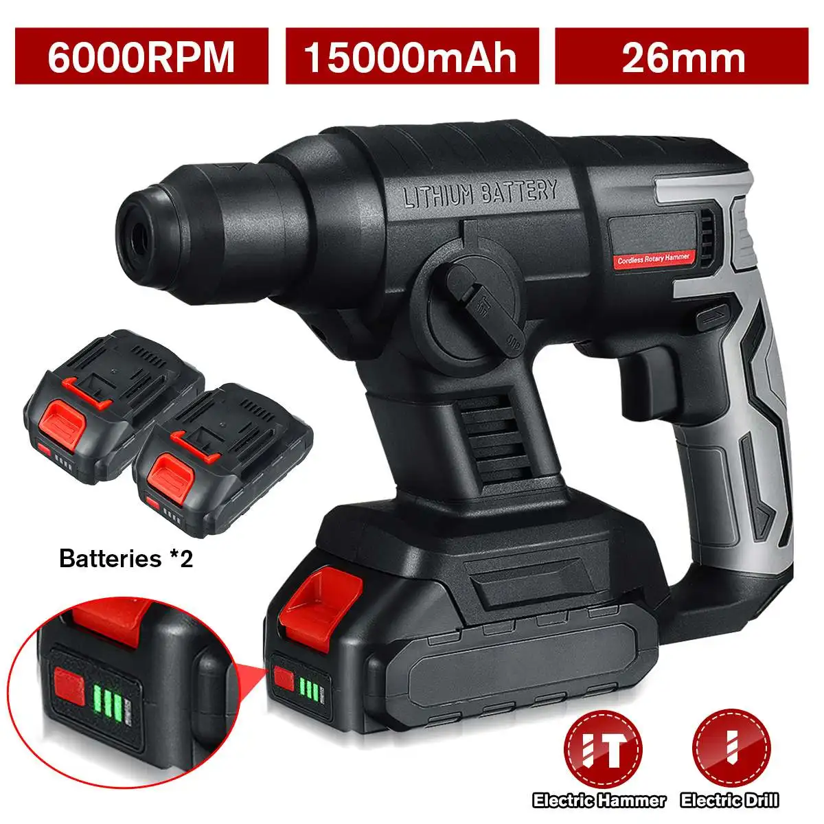 15000mAh 6000RPM 1000W Electric Rotary Hammer Rechargeable Cordless Multifunction Hammer Impact Drill for Makita 18V Battery
