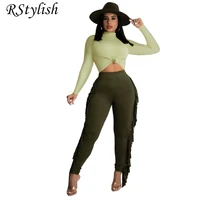 rstylish 2022 spring 2 piece sets womens outfits long sleeve t shirt and tassel side pants suit active sweatsuit tracksuit