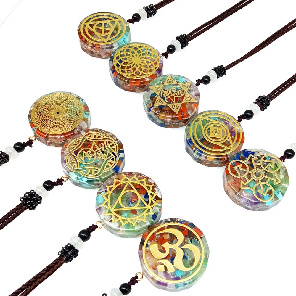 

Seven Chakra Energy Stone Necklace Natural Crystal Crushed Stone Yoga Reiki Healing Pendant Geometric Jewelry 7 Chakra Necklace
