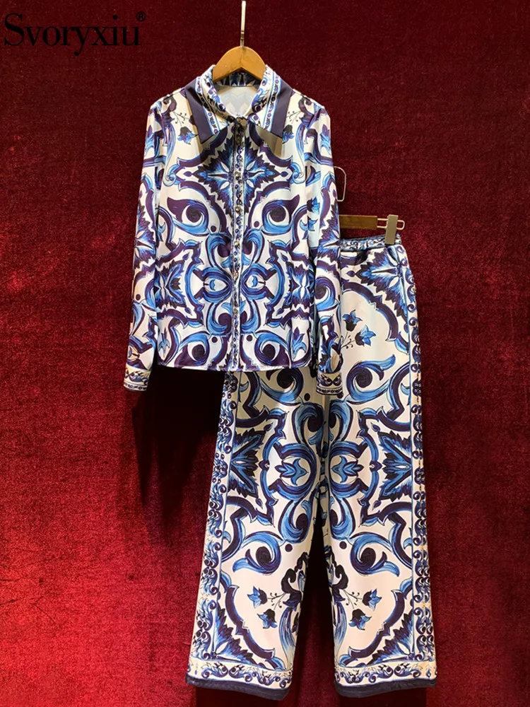 

Svoryxiu Spring Fashion Vintage Blue And White Porcelain Long Pants Suit Women's Lapel Button Tops + Elastic Waist Long Pants