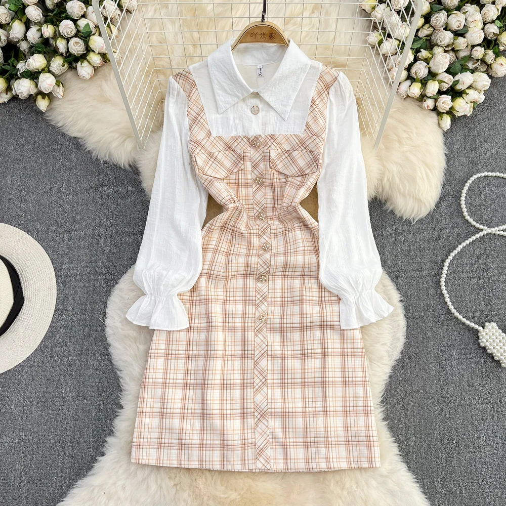 

Женское однобортное платье миди, элегантное офисное винтажное платье с отложным воротником, длинным рукавом и сетчатым принтом, осень