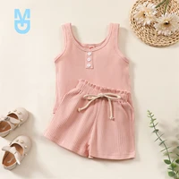 new 2pcs toddlers summer tracksuit solid color ribbed o neck vest elastic waist shorts for little girls 18 months to 6 years