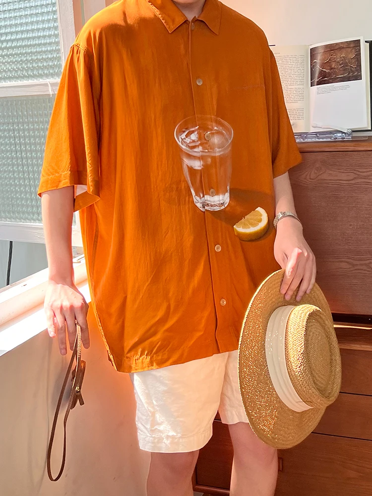 

2022 Summer New Men Short-sleeved Printed Shirt Silhouette Loose Cotton Orange Shirt