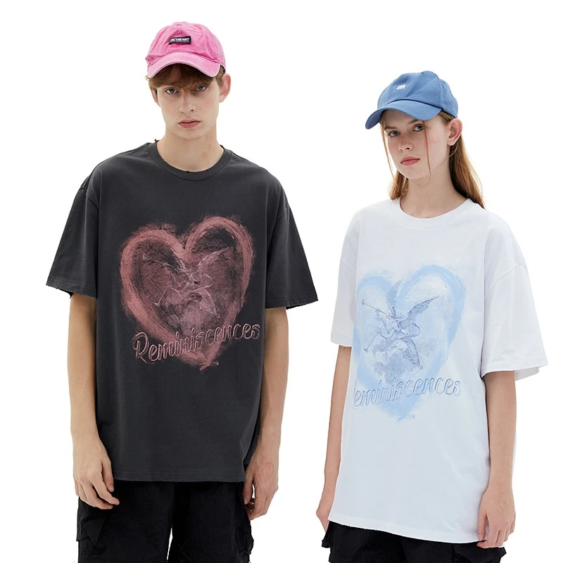 

Summer Couple Tops Heart Graphic Printing Short Sleeve T-Shirts Round Neck Men and Women Casual Loose 100% Cotton Soft Tees