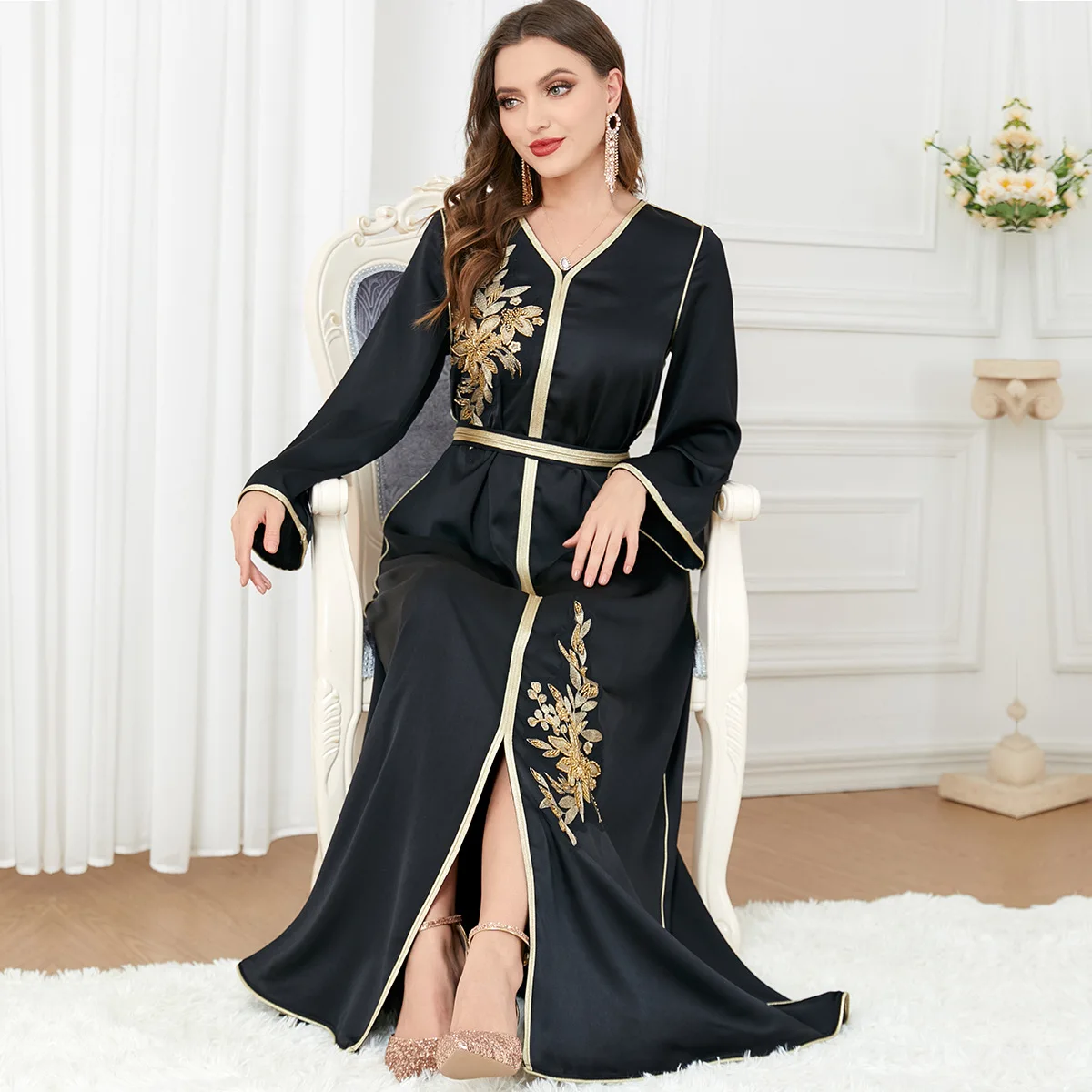 Elegant Commuter Style 2023 New Gold Appliqué Embroidery Abaya Women's Clothing Split V-neck Long Sleeve Dress