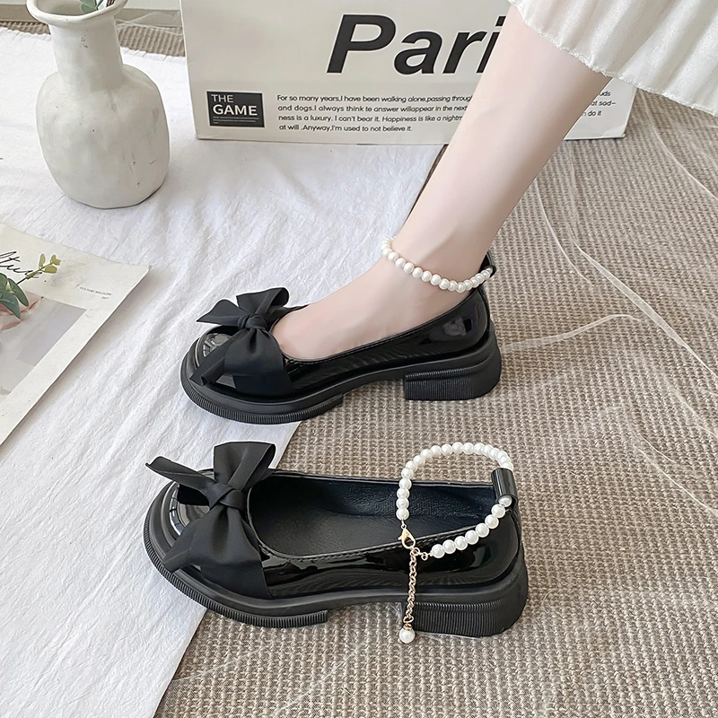 

Shoes Woman Flats Clogs Platform British Style Oxfords Pearl Decorateion Low Heels Bow-Knot Elegant Dress Creepers Preppy Leathe