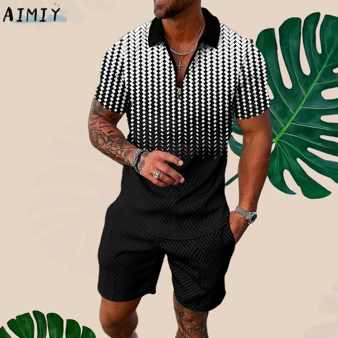 Men's Summer Tracksuit Fashion Turn Down Collar Zipper Polo Shirt+Shorts Sports Jogging Suit Casual Stylish Sweatersuit Set Top