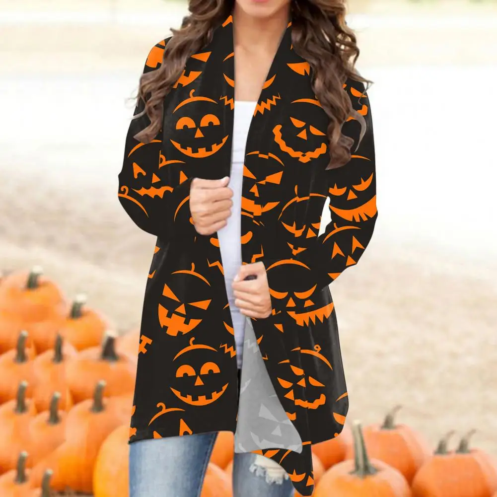 

Women Halloween Coat Pumpkin Print Long Sleeve Halloween Jacket Festive Clothing For Holiday