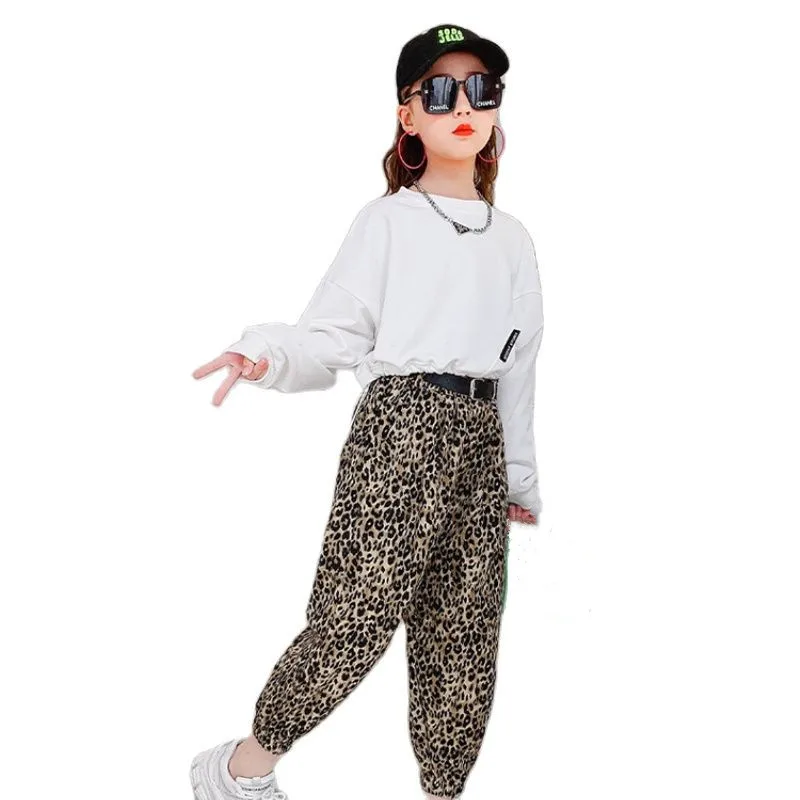 

Teen Girls Suit Spring Autumn New Sweatshirt Childrens Clothing Top + Leopard Trousers 2pcs Kids Clothes Korean Tracksuit 4-14Y