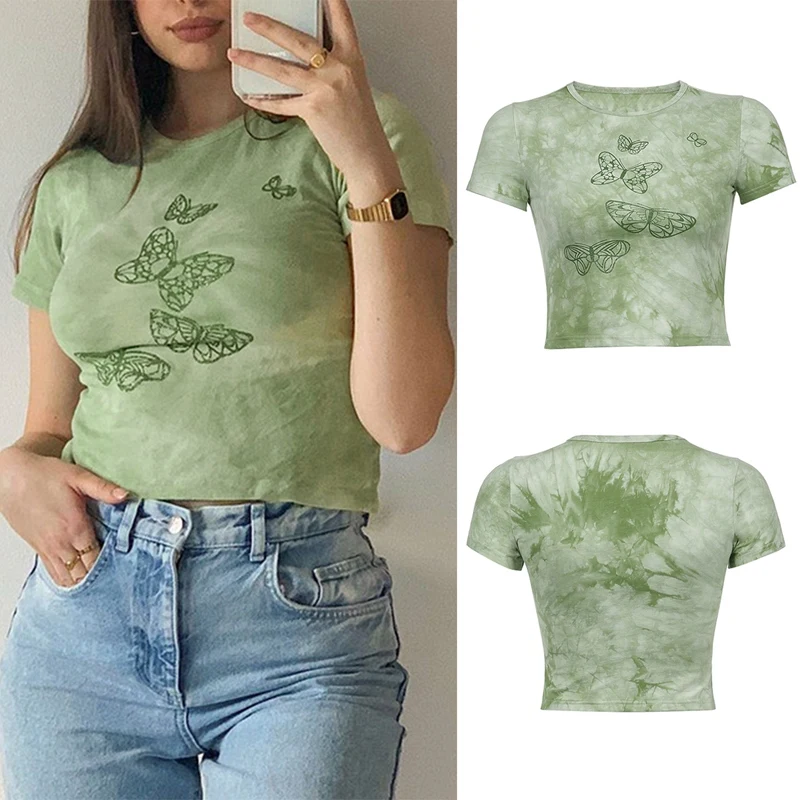 

ASDS-Tie Dye Y2K T-Shirt Women Butterfly Pattern Kawaii Graphic T Shirts Round Neck Short Sleeve Basic Baby Tee Shirt