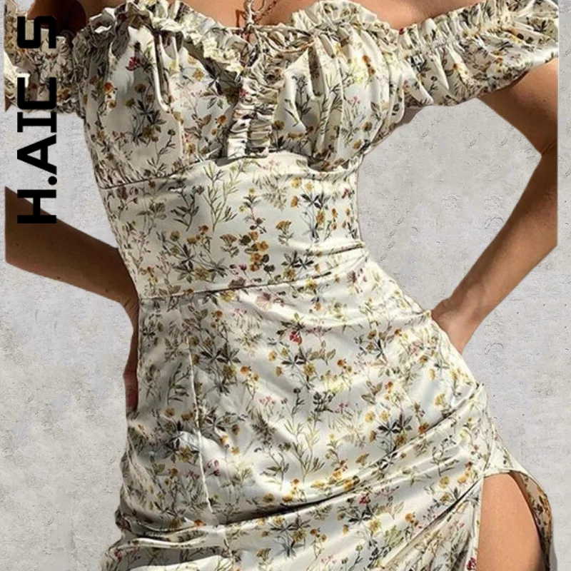 

H.Aic S New Dress Women Simple Women's Dress Floral Off Shoulder Puff Sleeve Maxi Dress Korean Girl Female Vestidos Clothing