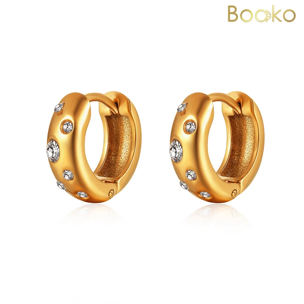 

BOAKO Stainless Steel Thick Round Hoop Earrings Shiny Zirconia Golden Geometric Huggie Jewelry Joyería Acero Inoxidable Mujer