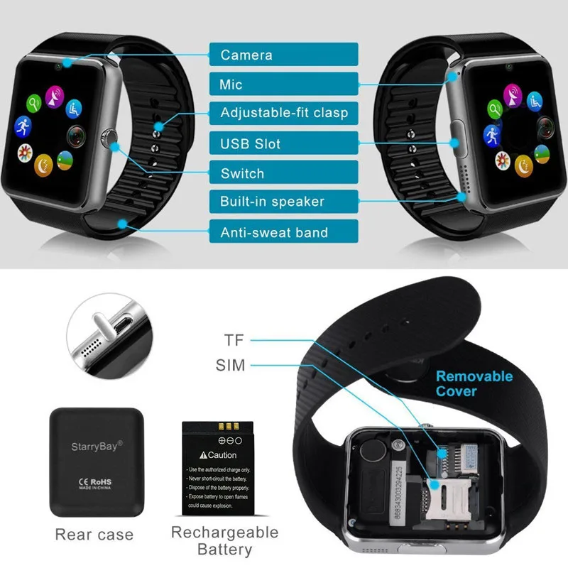 Смарт-часы GT08 с поддержкой Sim-карты TF-карты и Bluetooth | Электроника