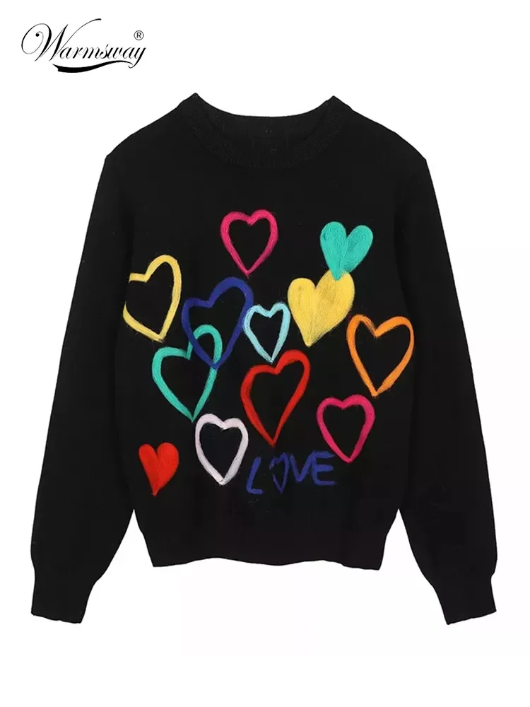 

2022 Spring Women Lovely Sweater O-Neck Colorful Candy Color Heart Embroidery Knitwear Slim All-Match Pullover Femme C-195