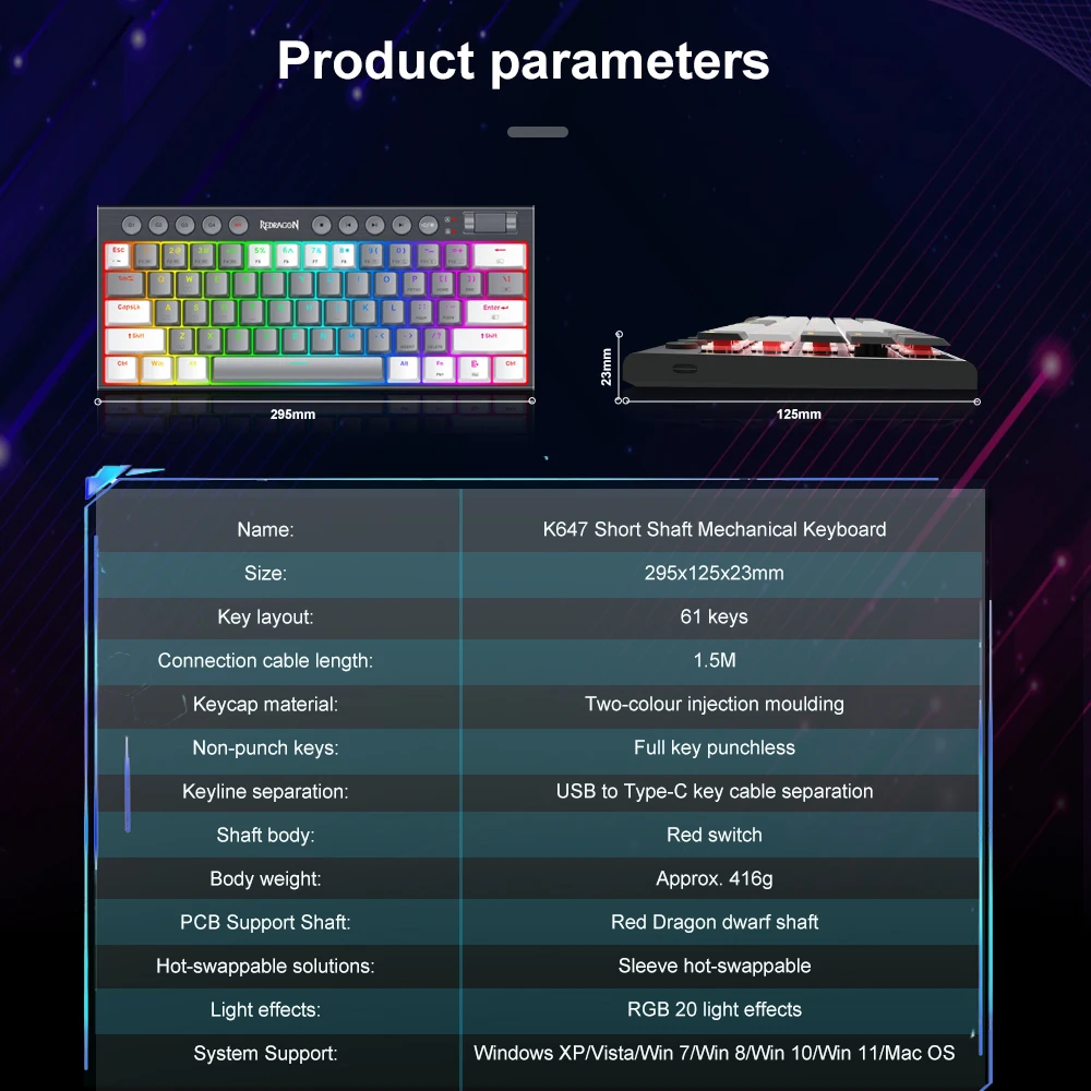 REDRAGON Soraka K647 RGB USB Mini тонкая ультратонкая Проводная Механическая игровая