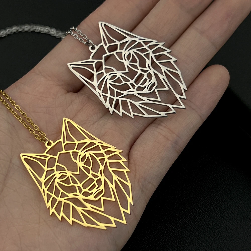 

Stainless Steel Viking Wolf Head Tattoo Necklace for Mens Origami Animal Couple Gift Gold Pendant Men Women Jewelry Choker Chain