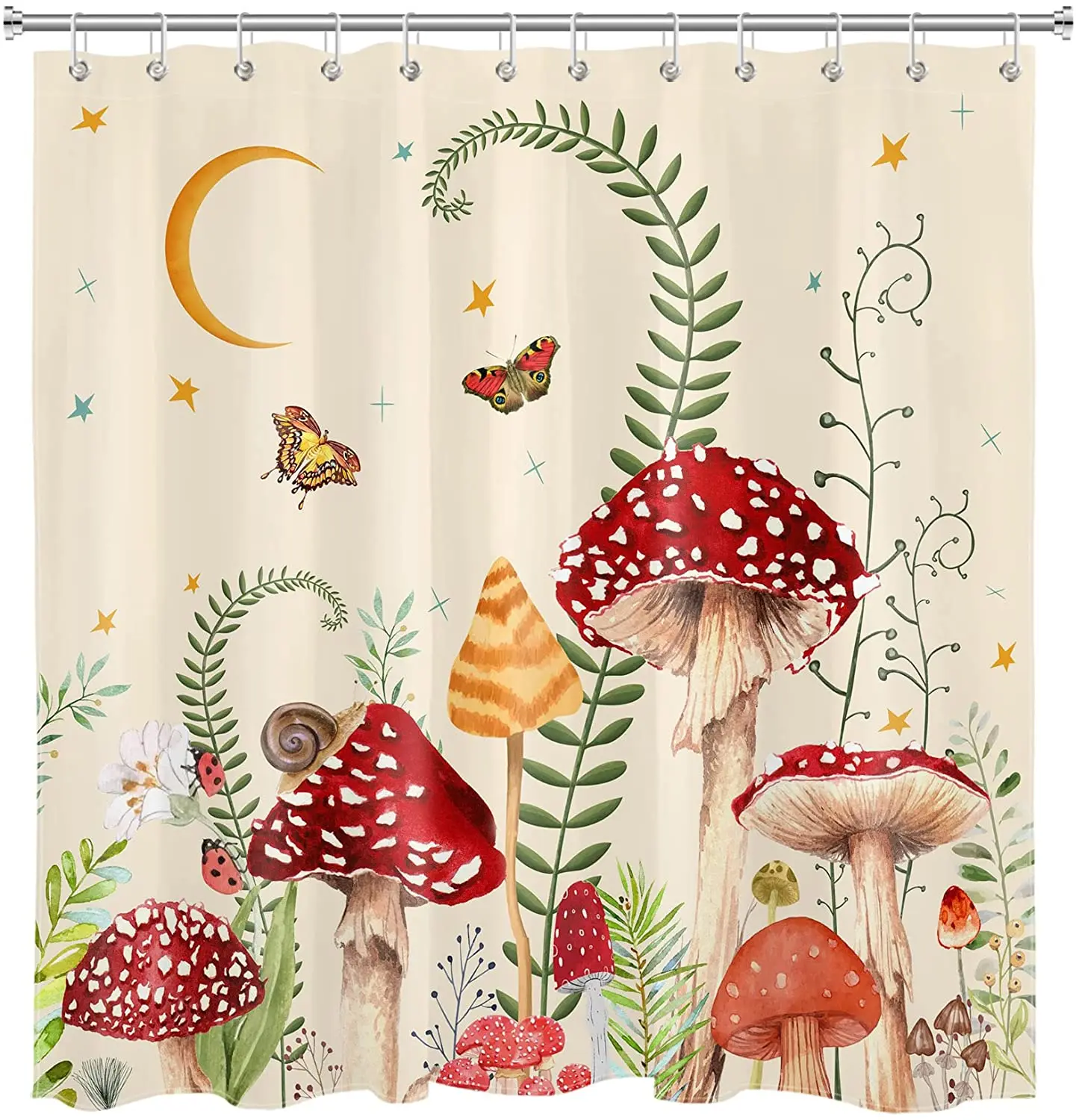 

Shower Curtain Retro Mushrooms Butterfly Floral Boho Moon Stars Botanical Wildflowers Green Plant Aesthetic Bathroom Curtains