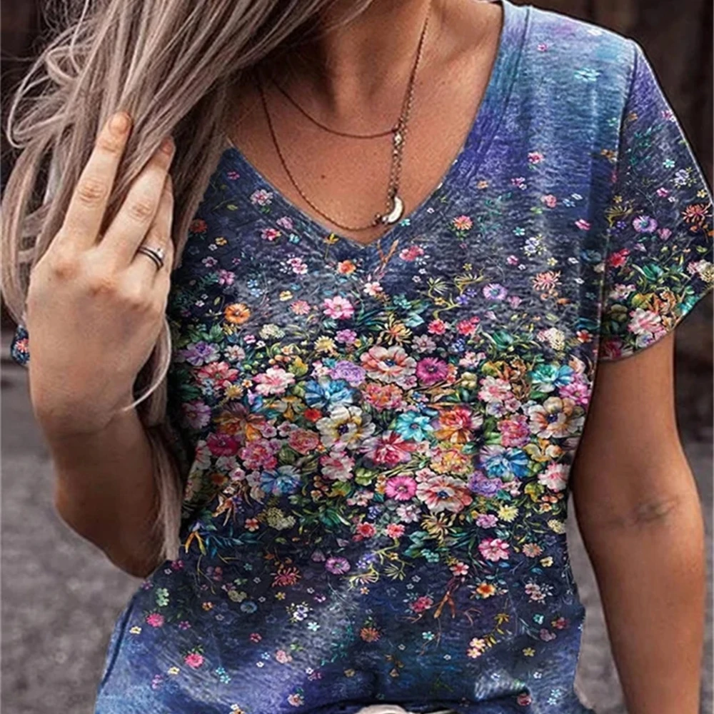 

Summer Casual Tee Short Sleeve Women T-Shirts Flower Print Street Tops Female V-Neck Loose T-Shirt 5XL Plus Size Top Pullover