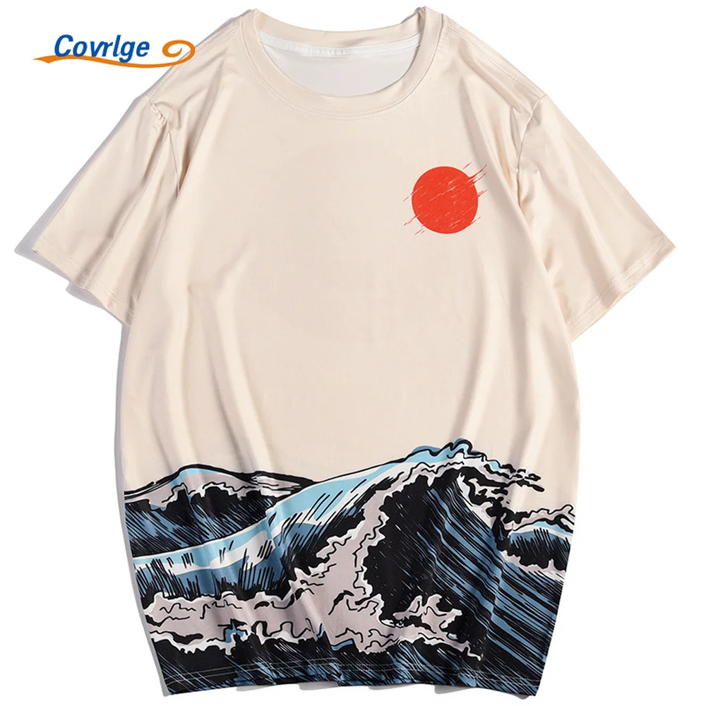 

Футболка Covrlge мужская с коротким рукавом, топ с 3d цифровой печатью и коротким рукавом, укиё-э солнечная волна, уличная одежда, MTS731