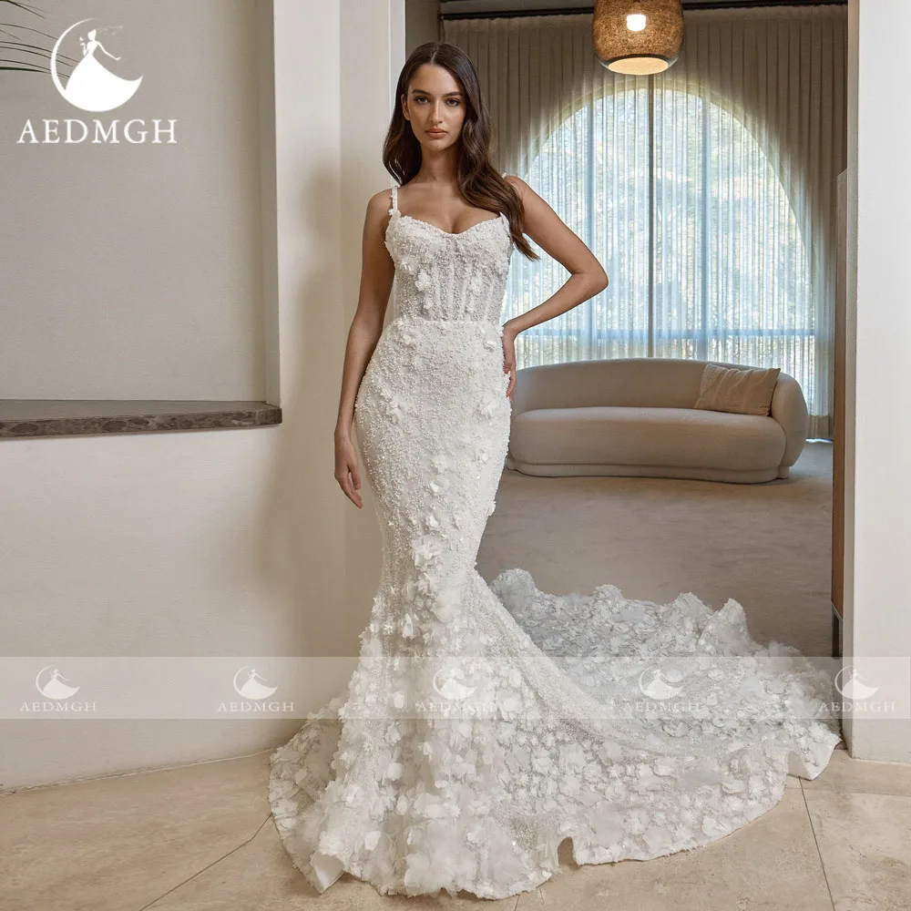 Фото Aedmgh Русалка Сексуальные свадебные платья Милая Vestido De Novia Кружева 3D цветы со съемным шлейфом Винтажное свадебное платье на заказ №3