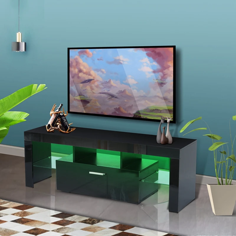

Black Morden TV Stand With LED Lights High Glossy Front TV Cabinet Can Be Assembled In Lounge Room Living Room Or Bedroom