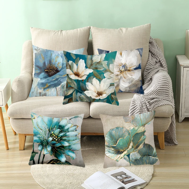 

New Hand Painted Flowers Gold Lines Drawing Blue Pillow Cover Ginkgo Floral Pillowcase Sofa Bed Couch Cushion Fashion Home Decor