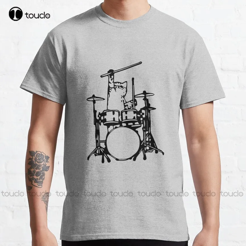 

Футболка с забавным котом, играющим в барабане, Классическая футболка, Женская гавайская рубашка на заказ, футболка унисекс с цифровой печа...