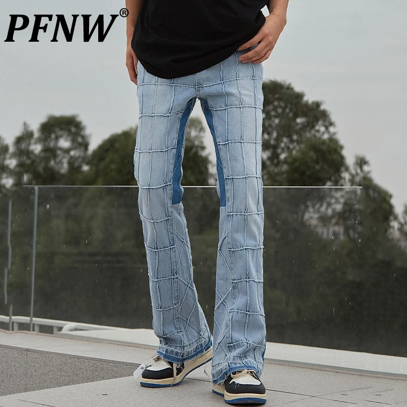 

PFNW Spring Summer New Men's Plaid Denim Flare Pants High Street Raw Edge Fashion Niche Straight Casual Spliced Trousers 28A0764