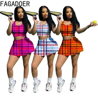 fagadoer casual sport plaid print two piece sets women sleeveless crop vest pleated skirts outfit female fitness matching suit