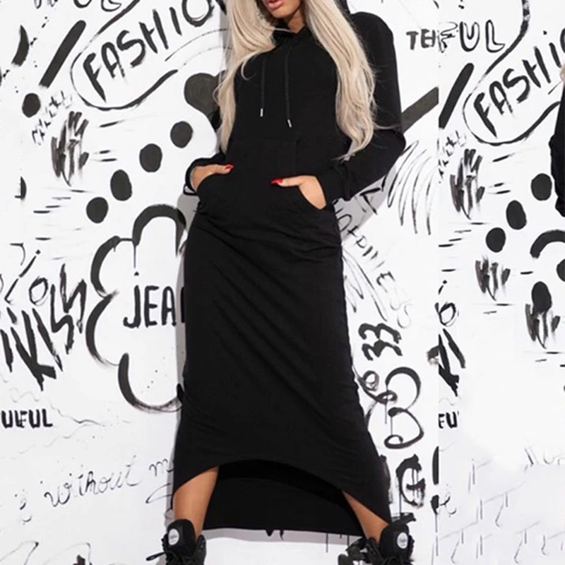 

Yeezzi Female Fashion Letter Print Hooded Black Long Dress 2023 Spring Autumn Long Sleeve Pockets Casualmaxi Dresses For Women