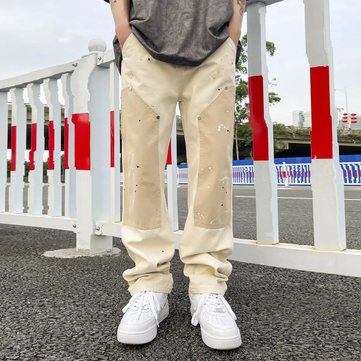 

Hip Hop Khaki Cashew Flower Straight Leg Pants Overalls Ink Splashing Stitching Straight Canvas Trousers Retro Cargo Pants Men