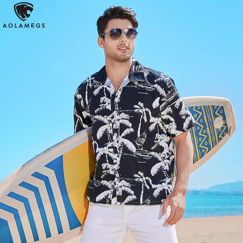 

Aolamegs Men's Shirts Summer Tree Colorful Graphic Thin Short Sleeve Tops Vintage Loose Beach Advance High Street Men's Clothing