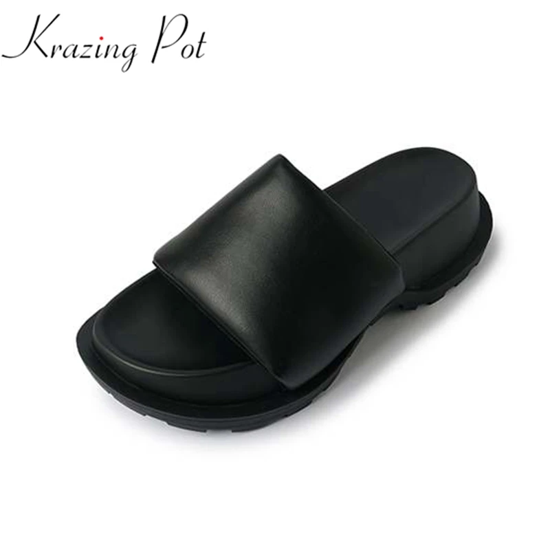 

Krazing Pot New Cow Leather Med Heels Mules Flat Platform Concise Design Summer Non-slip Peep Toe Women Casual Outside Slippers