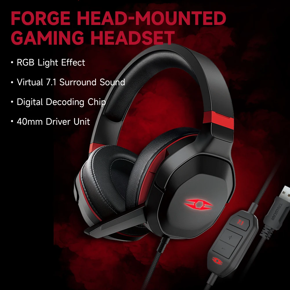 LIBERTY GAMER FORGE Head-mounted Gaming Headset 7.1 Virtual Surround Sound 40mm Driver Unit RGB Light Effect Ergonomic Design |