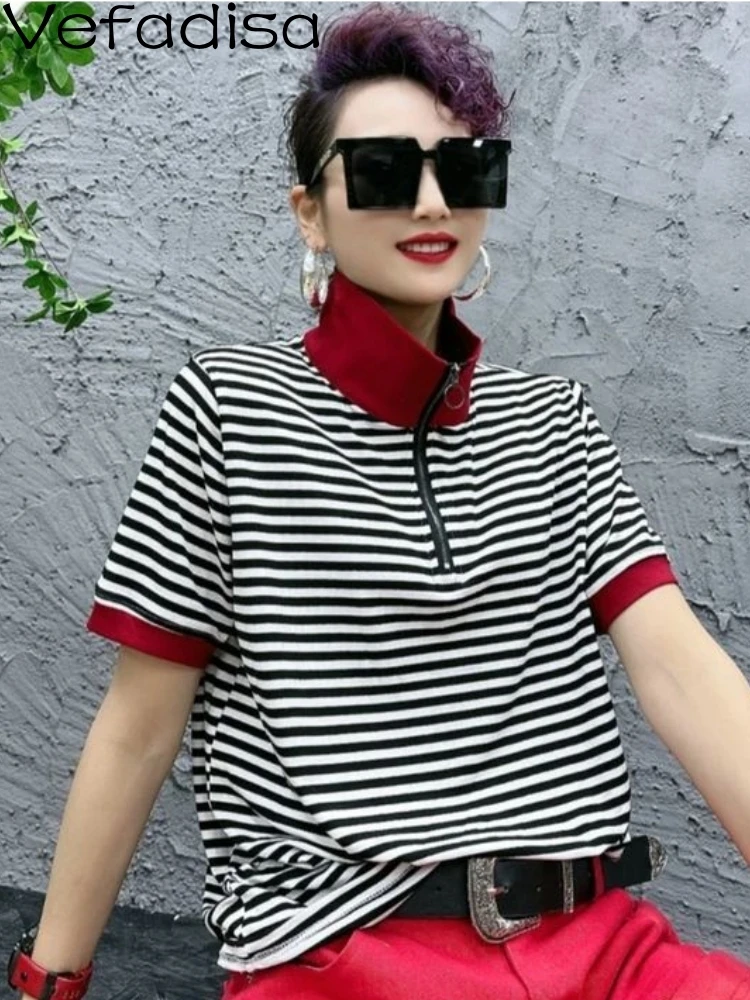

Vefadisa 2023 New Summer Lapel Embroidery Letter Stripe Short Sleeved Loose Fitting T-shirt Women's Top Personalized Girl ZY1873