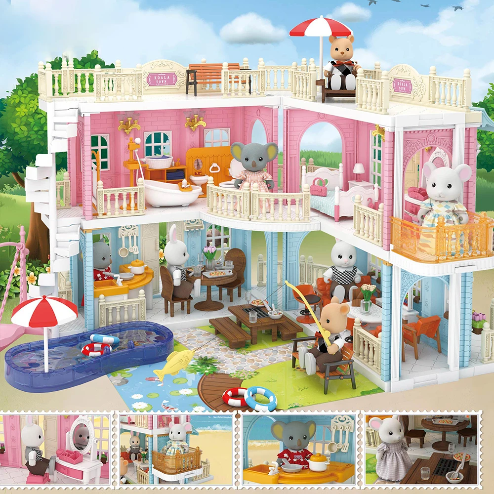 

Forest Family Animal Cartoon Koala Town Tiny Villa Model Bedroom Kitchen Miniature Furniture Dollhouse Kids Toys For Girl Gift
