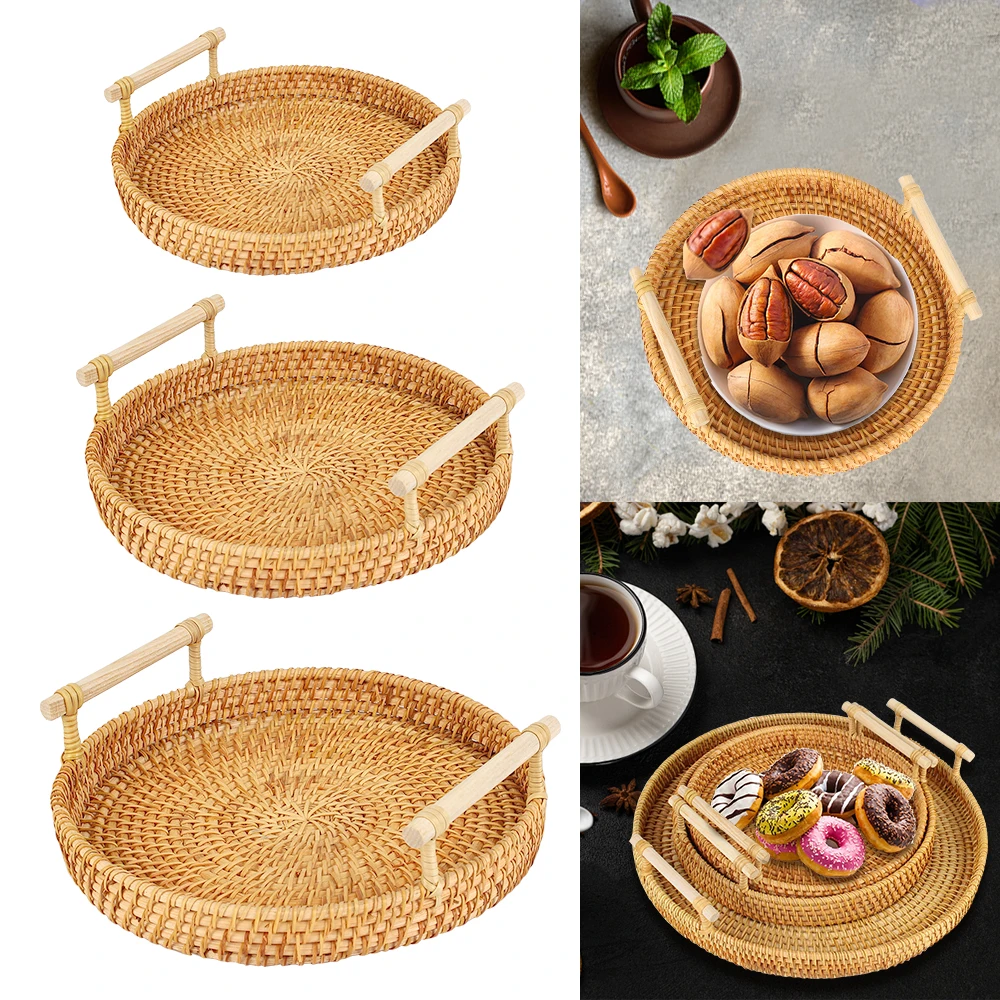 Handwoven Rattan Storage Tray Fruit Cake Wicker Basket With Handle Dinner Serving Tray Breakfast Bread Food Plate Round Shape