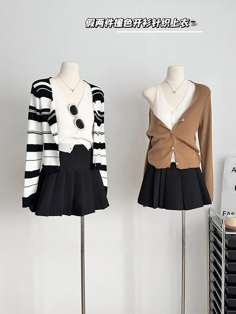 

2023 Autumn Winter Women Fake Two Pieces Knitted Cardigans Sweater Loose Japanese Preppy Style Sweet Slim Harajuku Female Jumper