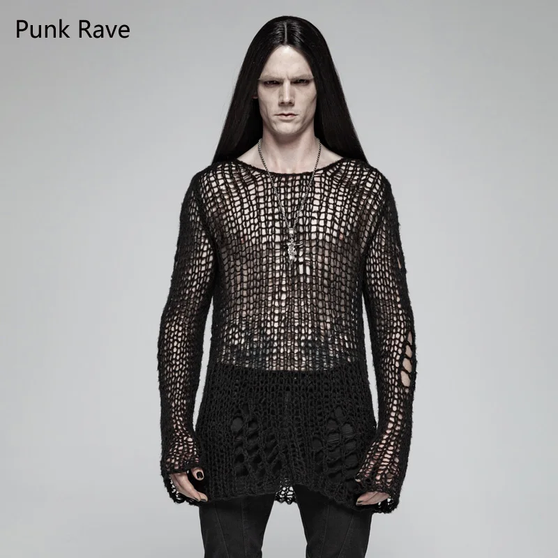

Punk Rave Men's Sweater Gothic Punk Casual Broken Hole Long Sleeve Pullovers Personality Tops for Men