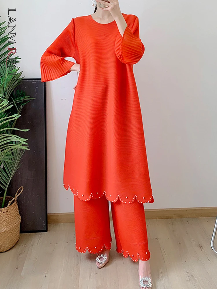 LANMREM однотонный плиссированный комплект из 2 предметов для женщин топы с круглым