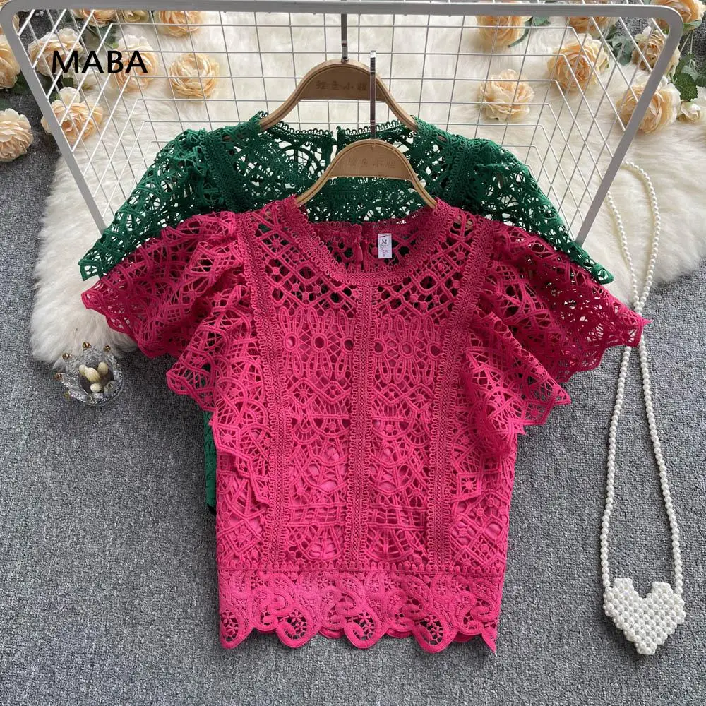 

Lace Blouses Women 2022 Summer Korean O-neck Short Sleeve Red / Green Sweet Hollow Out Bohemian Female Top Zipper Casual Top