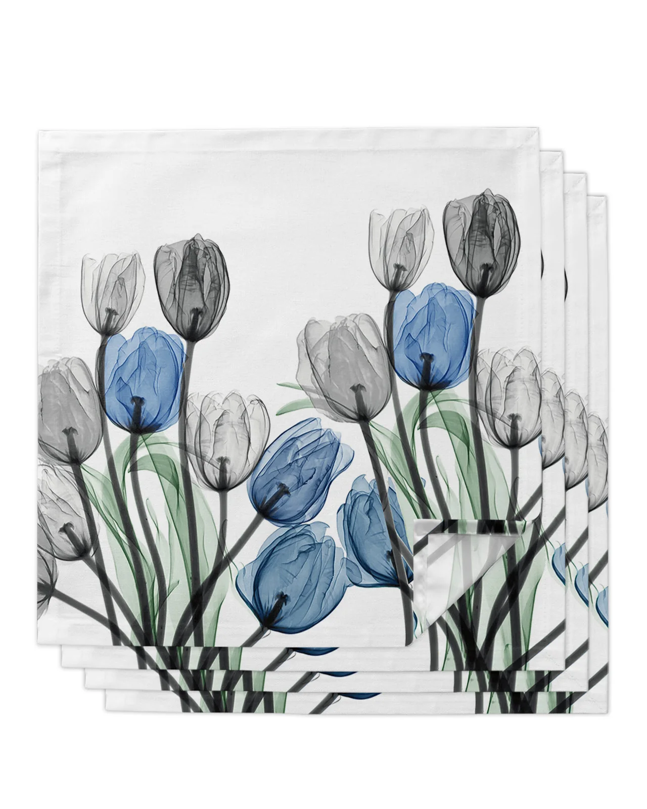 

4pcs Flower Idyllic Grey Blue Tulip Square 50cm Table Napkin Party Wedding Decoration Table Cloth Kitchen Dinner Serving Napkins