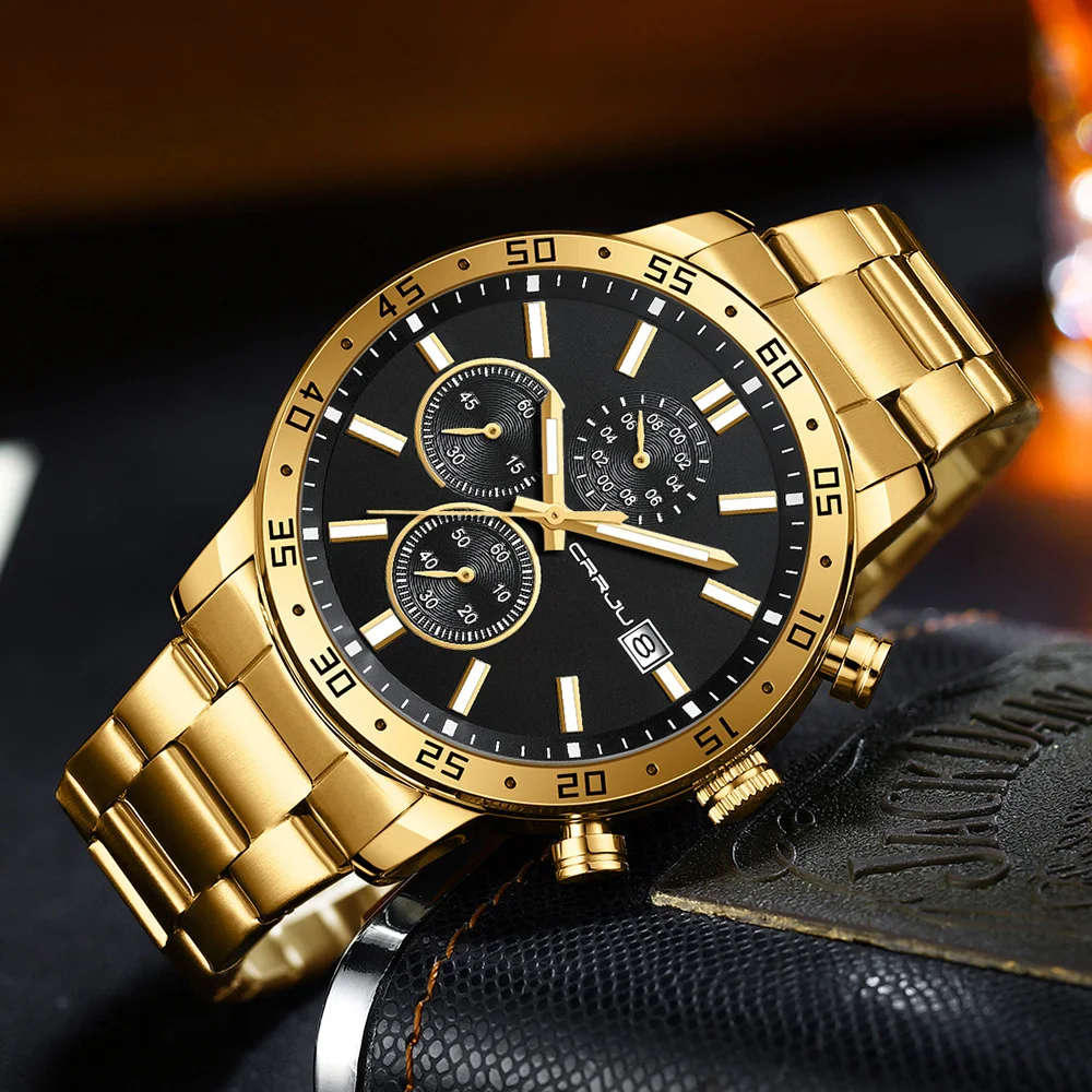 Часы CRRJU мужские из нержавеющей стали креативные модные светящиеся циферблаты с