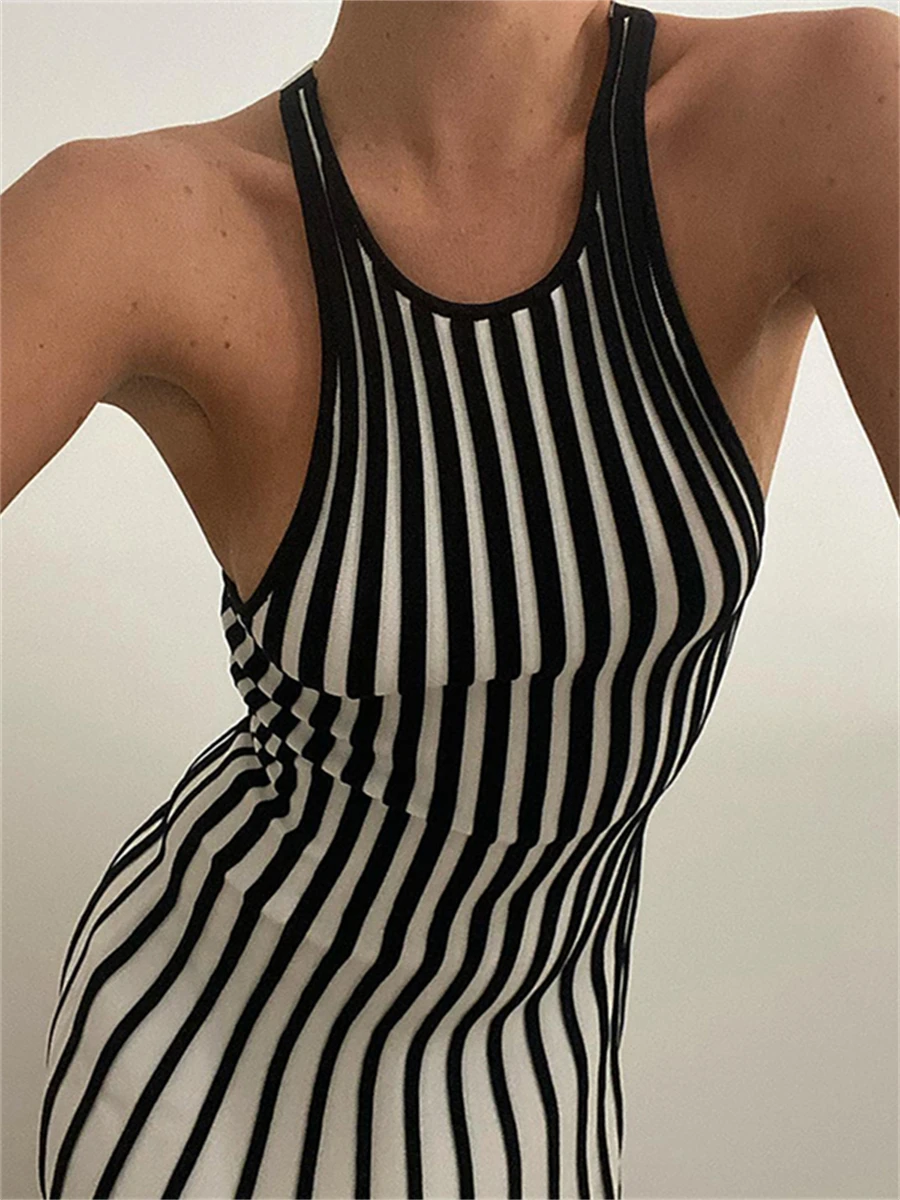 

wsevypo Vintage Striped Knit Halter Mini Dress 2023 Chic Women Sleeveless Wrapped Short Tank Dress Street Club Party Outfit