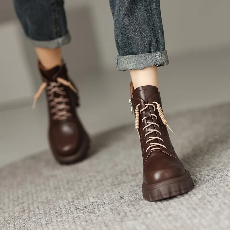 Vintage Thick Soled Boots Women's Brand Side Zipper Height Increasing Boot Chunky Heel Single Booties  Boots Women
