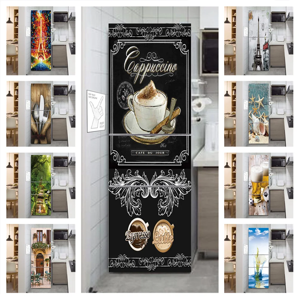

Refrigerator Stickers Self-adhesive Landscape Flower Coffee Fridge Door Cover Stickers 3D Wallpaper Decoration Mural Art Film