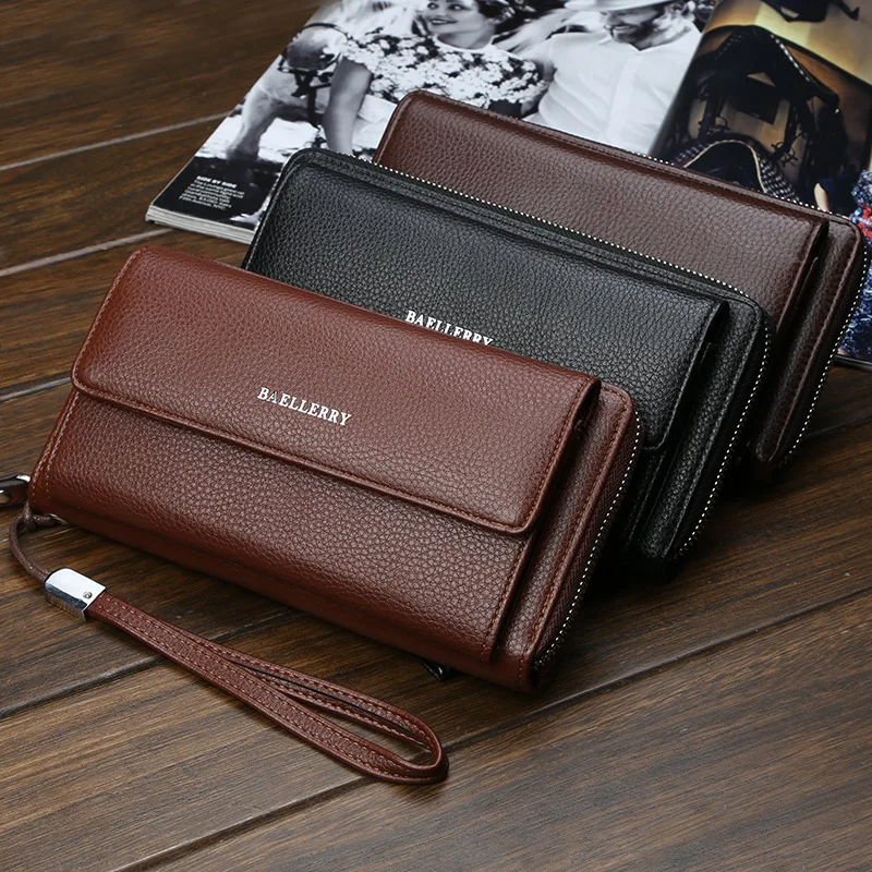 Name Engraving PU Leather Men Clutch Wallets Zipper Large Capacity Hand Strap Men Wallet Luxurious Business Solid Male Purses
